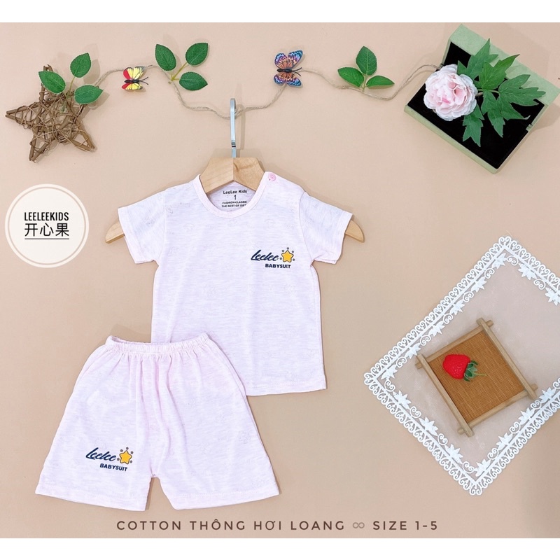 Bộ ngắn tay thông hơi vải cotton loang hiệu Leekids cho bé 4-14kg
