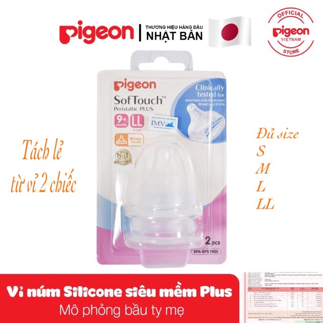 [ CHÍNH HÃNG 100% ] Núm Vú Silicon Siêu Mềm Cổ Rộng PIGEON, Cho Bé Thích Thú Ty Bình Lẻ 1 Chiếc Size S,M,L và LL