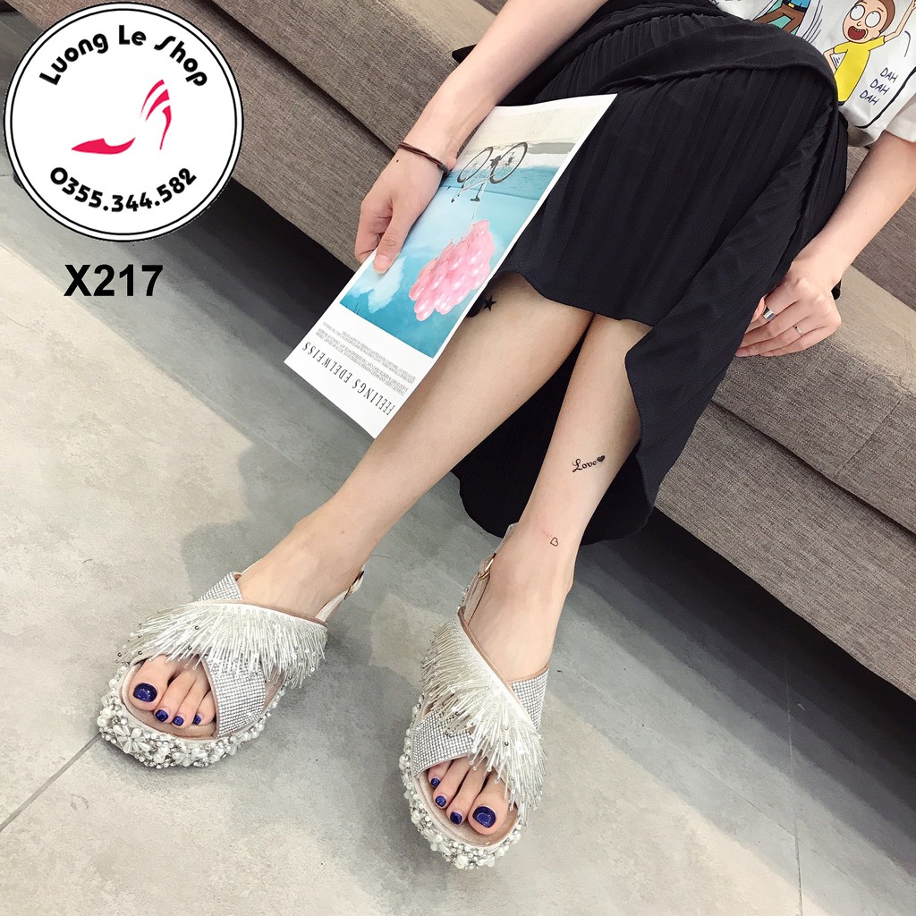 Sandal đế xuồng bánh mì 5cm đế đính full ngọc quai đan chéo tua rua hàng siêu cấp sang chảnh màu bạc ms X217