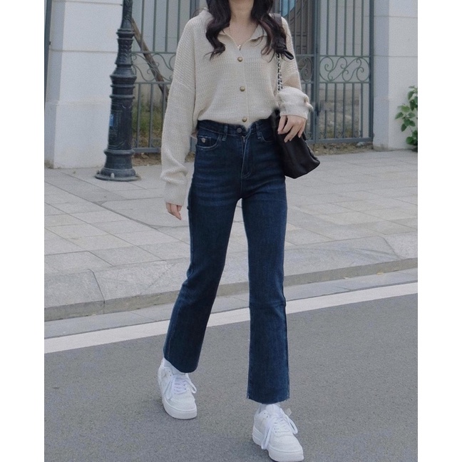 Áo len vải dệt cổ polo cúc đồng vintage xinh xắn