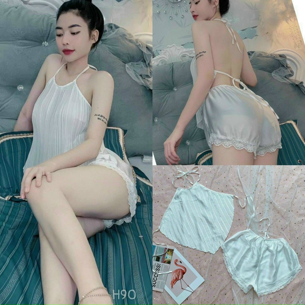 [Sẵn Ship Ngay] Set Đồ Ngủ Yếm Sexy Áo Cột Dây Dập Ly Quần Lụa Ren, Bộ Ngủ  Chất liệu Mát Lạnh Cực Mềm