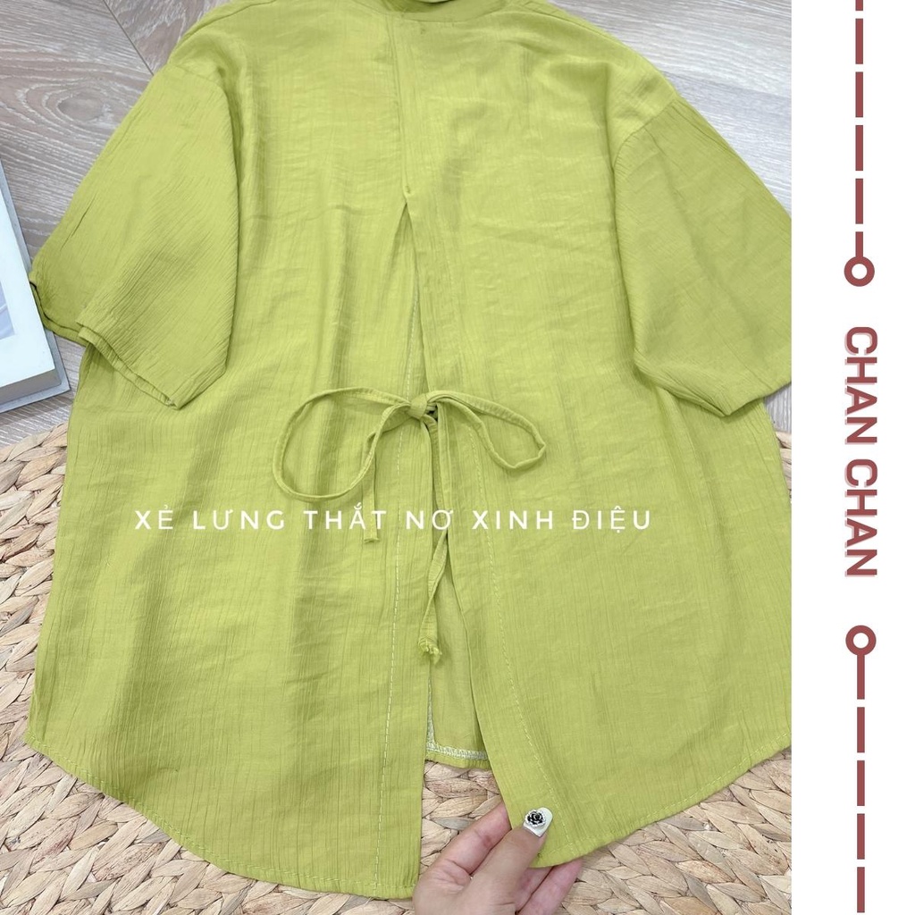 Set Áo Sơ Mi Kèm Quần Short Buộc Nơ Sau Màu Xanh Bơ