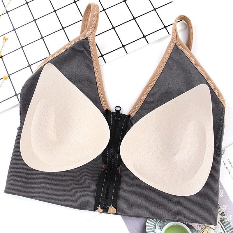 Áo bra khoá kéo cổ V có đệm ngực 2 dây co dãn Áo hở vai khoét nách tập gym yoga viền nâu