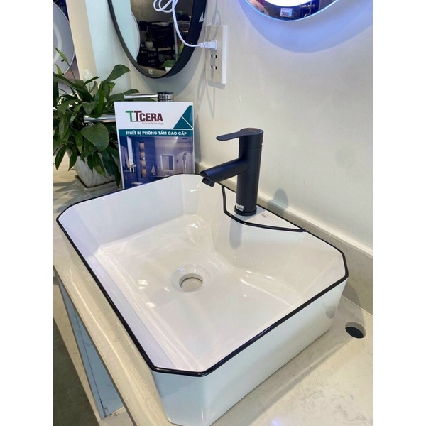 Lavabo rửa mặt trắng viền đen, men nano cao cấp, chậu Lavabo  đặt bàn nghệ thuật tối giản , sang trọng , hiện đại.