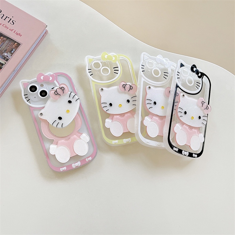 Ốp lưng điện thoại i phone trong suốt họa tiết Hello Kitty kèm gương 7plus/8plus/x/xs/xsmax/11/12/13 pro/max/plus