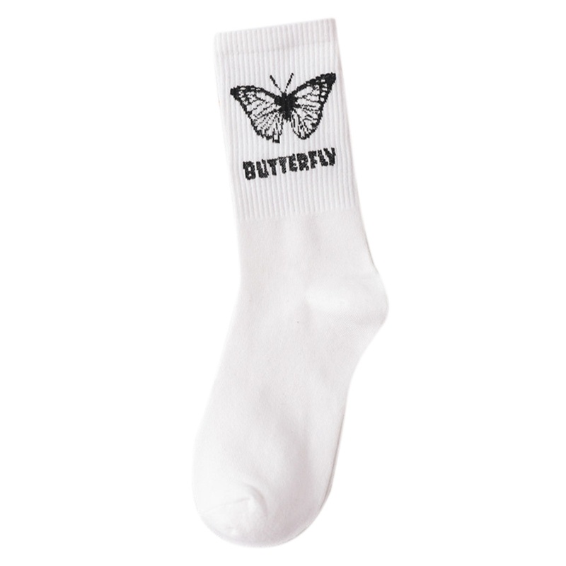Vớ cotton ống vừa in hình bướm màu đen trắng phong cách Nhật Bản Harajuku Hip Hop thời trang đường phố cho nữ