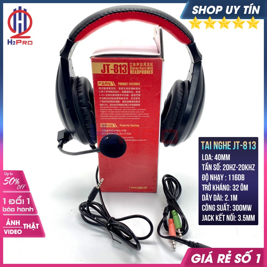 Tai Nghe Chụp Gaming, Tai Nghe Chụp Tai Có Dây JT-813 Chống Ồn, Bass Hay, Dây Dài 2.1M-Tặng Dây Gộp Micro-H2Pro Audio