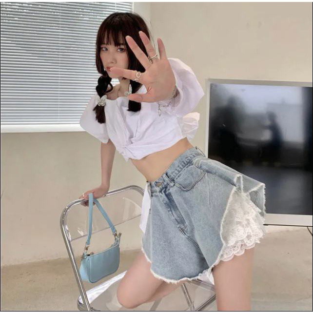 Quần đùi denim lưng cao phối quần ren bên trong mẫu 2022 thời trang mùa hè dành cho nữ (Có bán lẻ) | BigBuy360 - bigbuy360.vn
