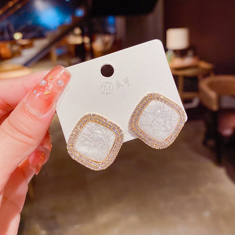 Khuyên Tai Kim Bạc S925 Hình Vuông Đính Đá Opal Cao Cấp Hợp Thời Trang Cho Nữ