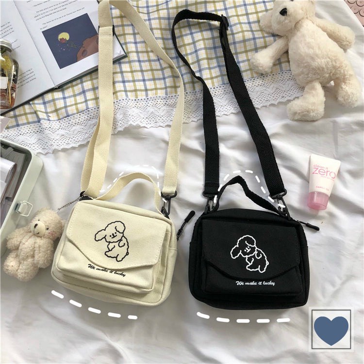 Túi canvas đeo chéo vai mini nữ khóa kéo in hình Mèo Cún đáng yêu đen trắng Sollle