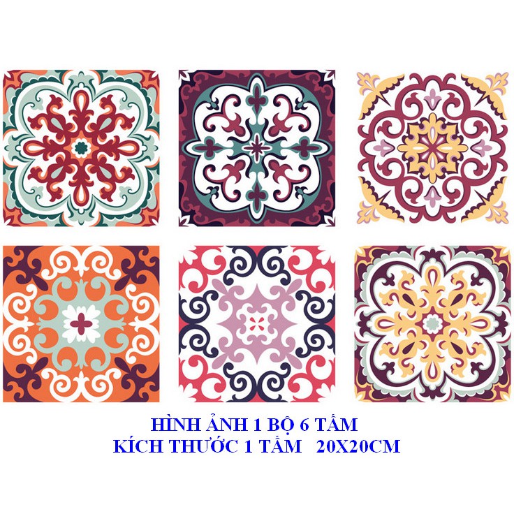 Decal gạch bông hoa văn đỏ hồng dạng rời (1 bộ 6 tấm 20cmx20cm)