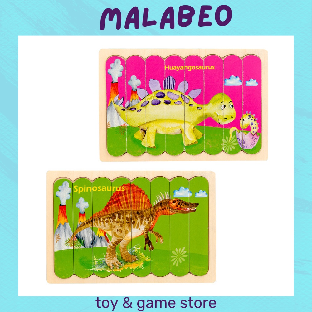 Tranh ghép gỗ nối 8 thanh gỗ 2 mặt chủ đề động vật, đồ chơi xếp hình kích thích khả năng ghi nhớ MALABEO KIDS