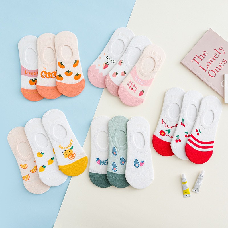 Set 5 Đôi Tất Nữ Cổ Ngắn Đi Hài Họa Tiết Dâu Cam Dễ Thương