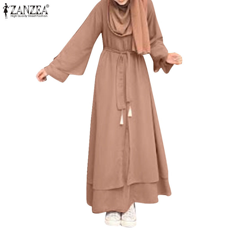 ZANZEA Đầm Maxi Dài Tay Hai Lớp Màu Trơn Phong Cách Hồi Giáo Cho Nữ