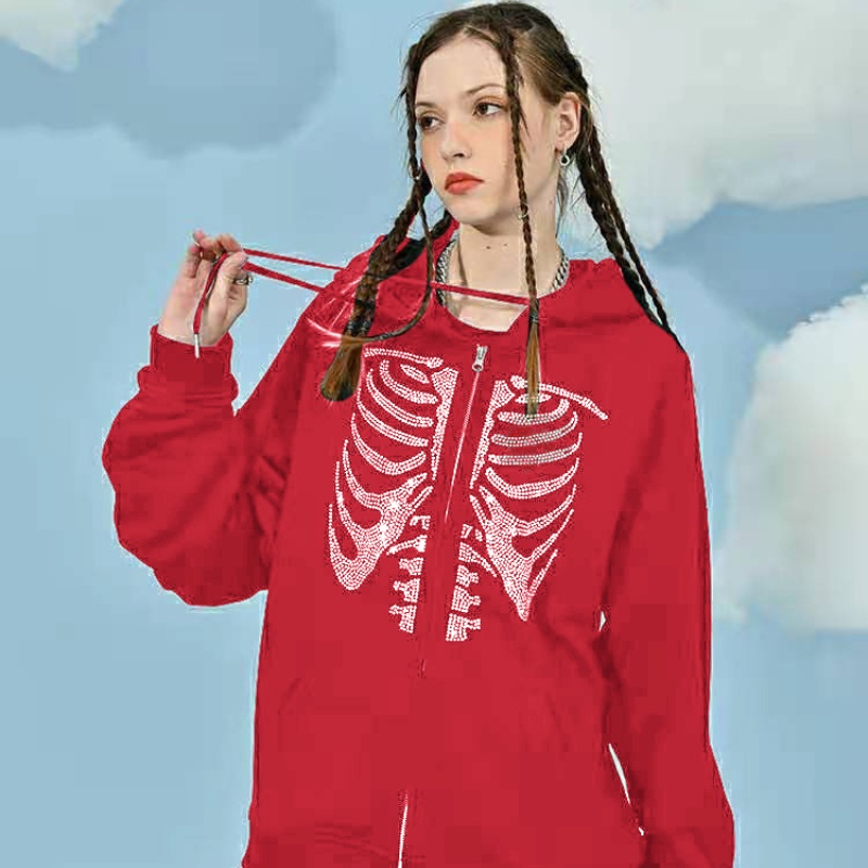 Áo Khoác Hoodie In Hình Bộ Xương Y2K 90s Phối Khóa Kéo Thời Trang Mùa Đông Cho Nữ