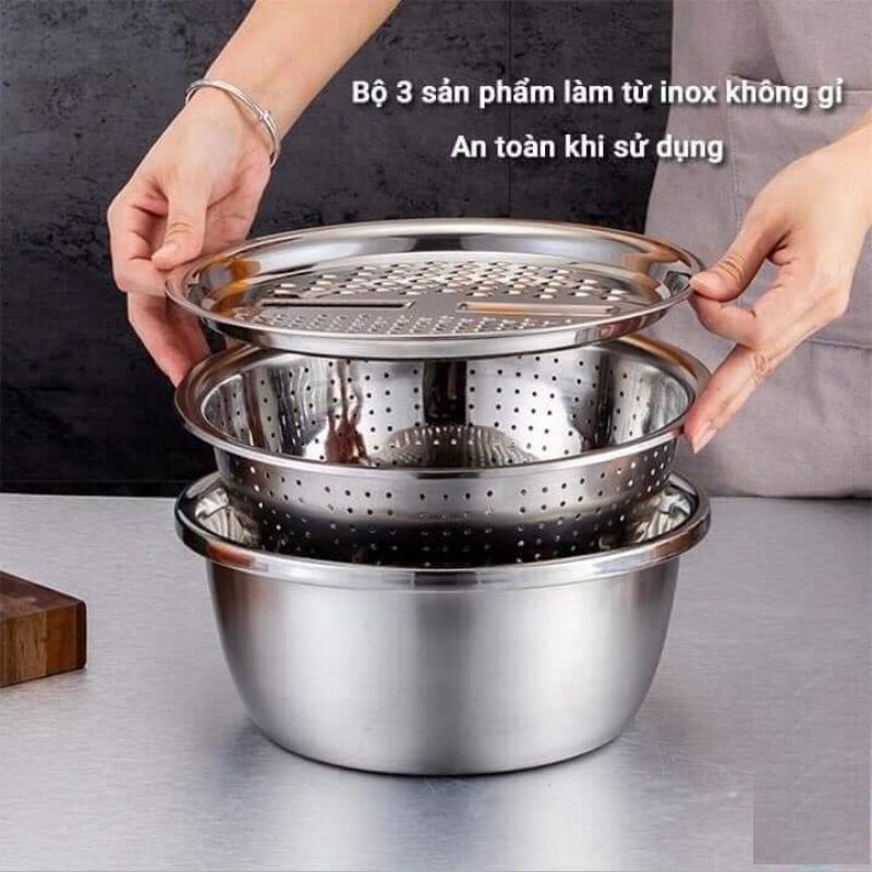 Bộ Rổ Nạo Rau Củ 3 Món Bào Nhật Bản Kiêm Rổ Và Chậu Inox Cao Cấp Dùng Cho Nhà Bếp