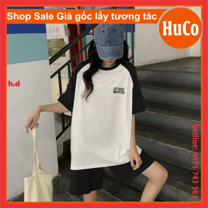 Sét đồ bộ, áo thun phối tay raplang warrsa + quần đùi đen trơn, sét form rộng freesize nam nữ dưới 55kg giá rẻ nhất