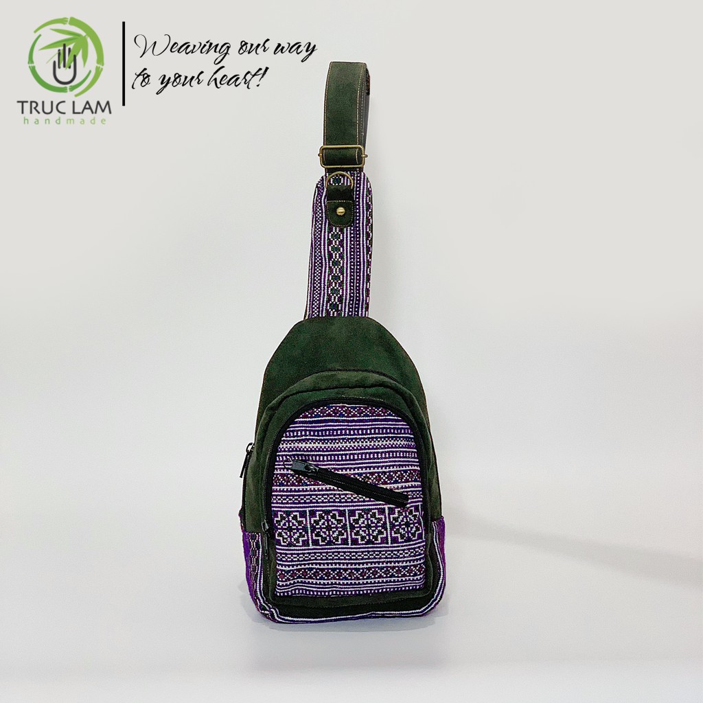 Túi Đeo Chéo Ngực Thời Trang Vải Thổ Cẩm Phối Da Lộn - Trúc Lâm Handmade