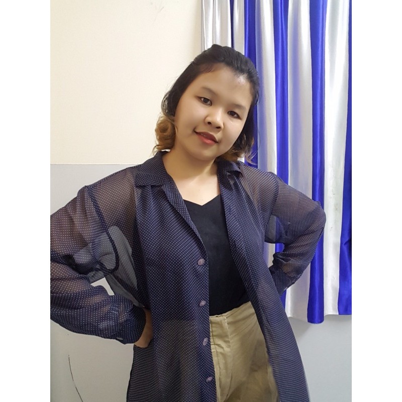 Khoát sơ mi xanh đen chấm bi trắng nhỏ!