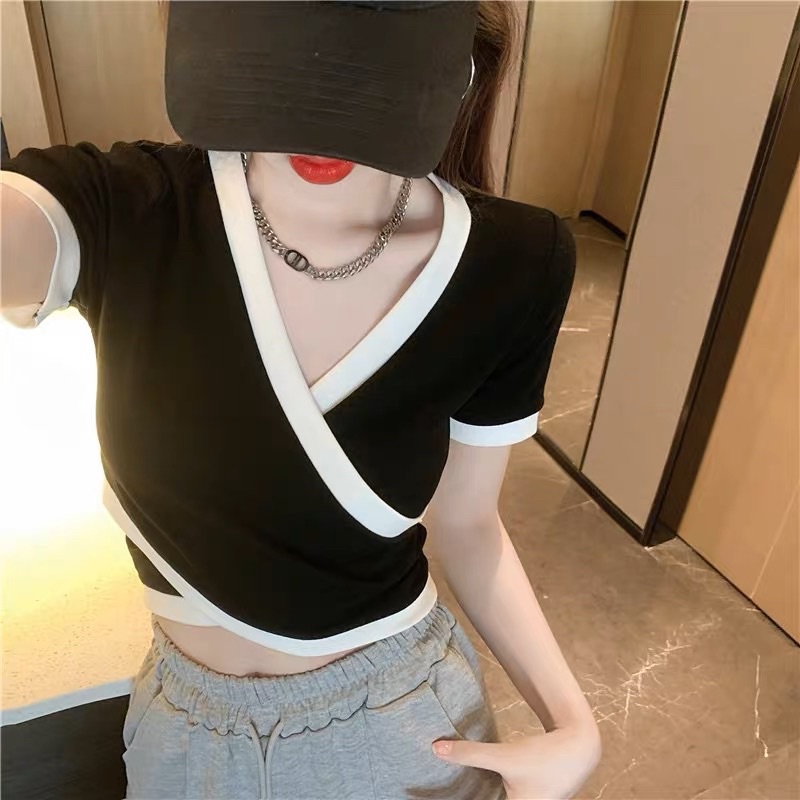 ÁO CROP TOP VẠT CHÉO TÀ PHỐI VIỀN XINH CT1