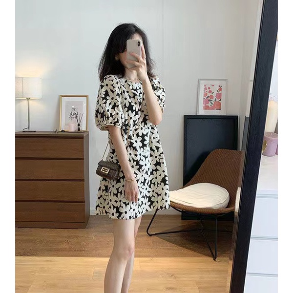 Đầm Chữ A Tay Phồng Ngắn In Hoa Thời Trang Mùa Hè Hàn Quốc Cho Nữ