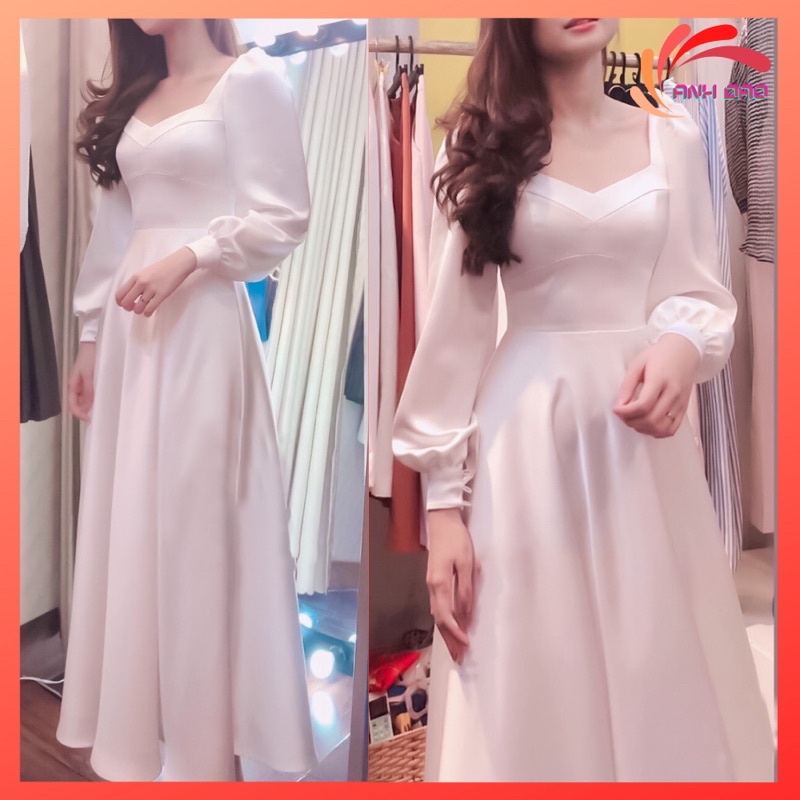 Váy đầm maxi dự tiệc sang trọng xoè cuới công chúa tay bồng dài chất lụa mango mềm màu trắng V151 cho cô dâu AĐ BOUTIQUE