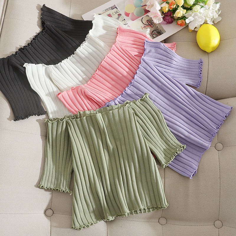 Áo croptop dệt kim trễ vai màu trơn thời trang cho nữ
