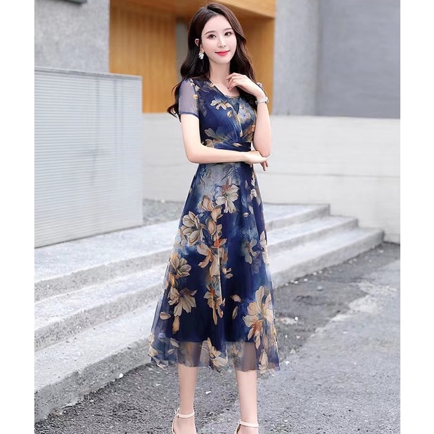 Váy Hoa Tay Ngắn | Đầm Cổ Tròn Ôm Dáng Xinh Xắn Dành Cho Nữ