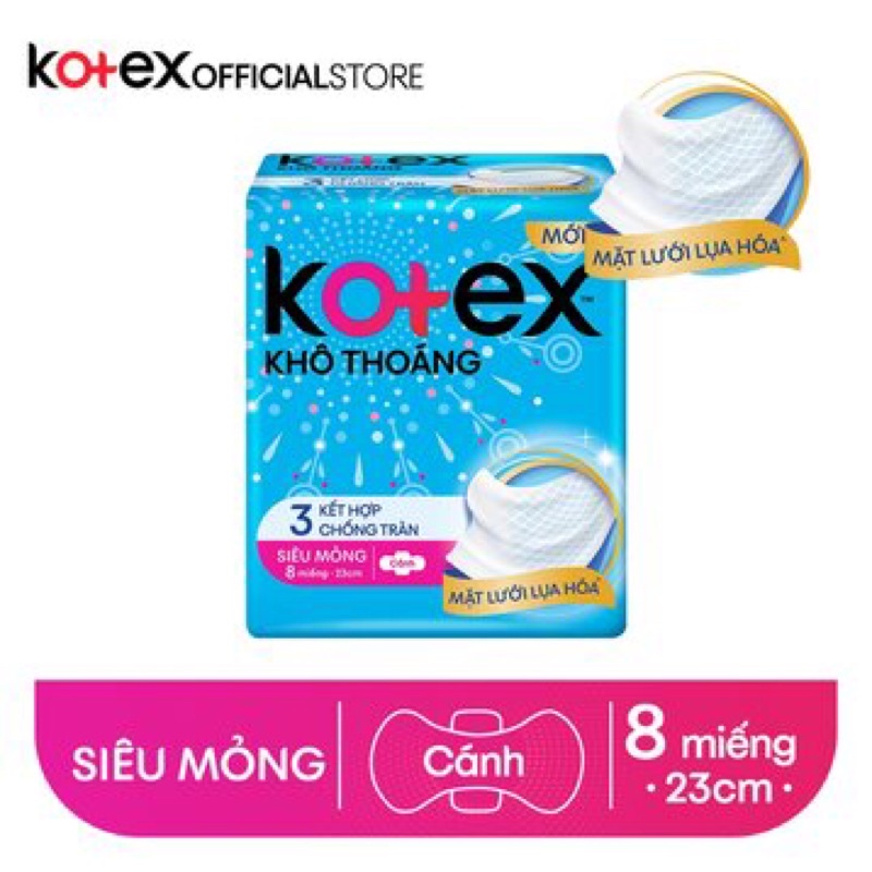 BĂNG VỆ SINH KOTEX KHÔ THOÁNG SIÊU MỎNG CÁNH MẶT LƯỚI 23cm (1 GÓI 8 MIẾNG)