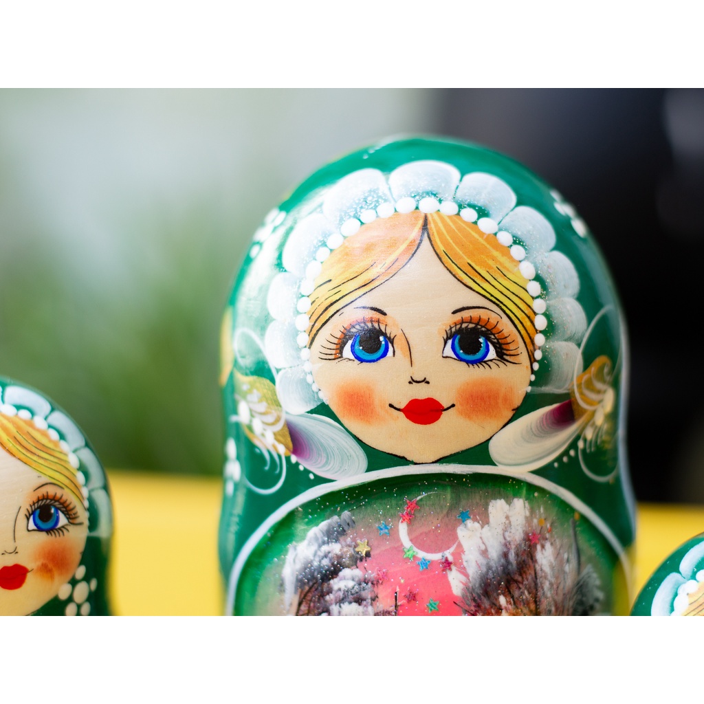 (CỰC DỄ THƯƠNG) BỘ BÚP BÊ NGA MATRYOSHKA 5 LỚP 18CM &quot;PHONG CẢNH MÙA ĐÔNG&quot; XANH GREEN QUÀ LƯU NIỆM NGA CỰC ĐẸP VÀ ĐỘC ĐÁO