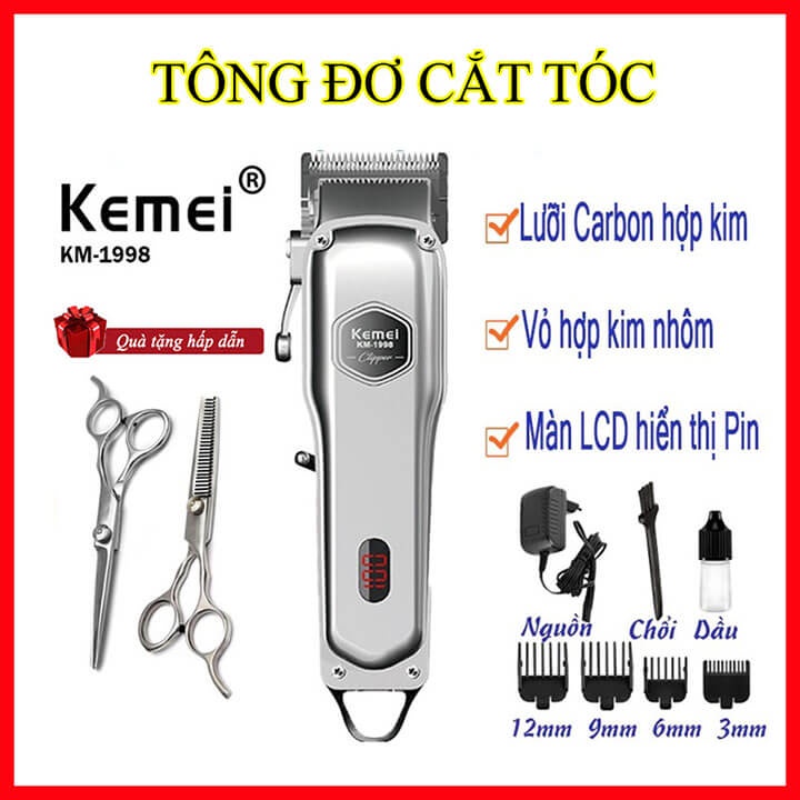 Tông đơ cắt tóc cao cấp Kemei 1998 thân nhôm nguyên khối, hớt tóc chuyên nghiệp không dây sạc pin Kemei