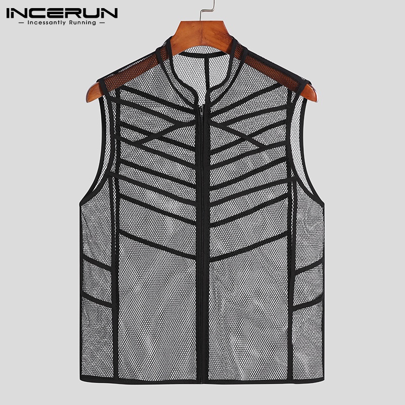 Áo khoác ghi lê INCERUN dạng lưới không tay khoét lỗ có khóa kéo thời trang dành cho nam