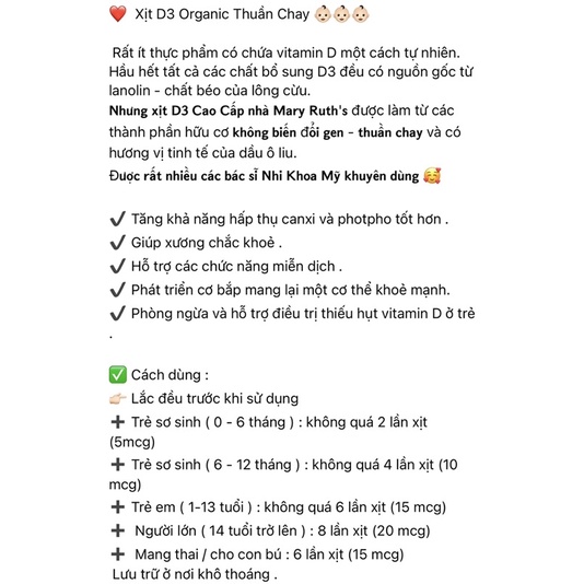 Vitamin D3 Mary Ruth's organic thuần chay cho  bé từ 6m-3y 15ml