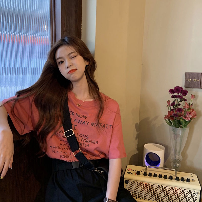 Rose Pink Short Sleeve T-Shirt women's fashion summer 2021 new Korean version Harajuku mid long loose half sleeve top