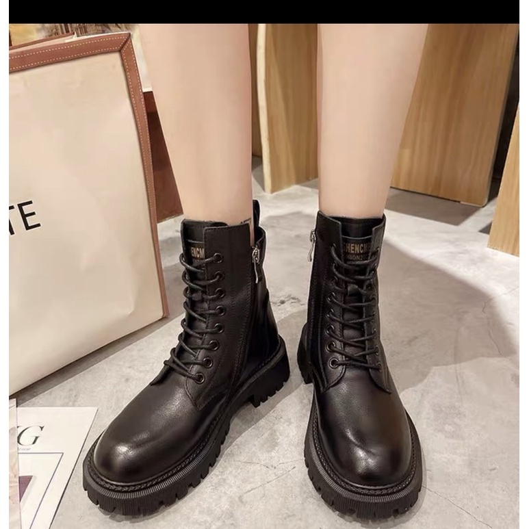 Boots cao cổ da , giày bốt nữ cao cổ độn đế khoàng 5cm chất da dày dặn hàng QCCC