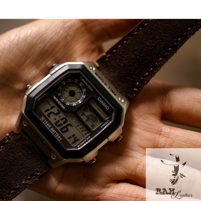 Dây đồng hồ RAM Leather cho CASIO 1200, AE 1200, 1300, 1100, A159 , A168 , Size 18 da bò vintage