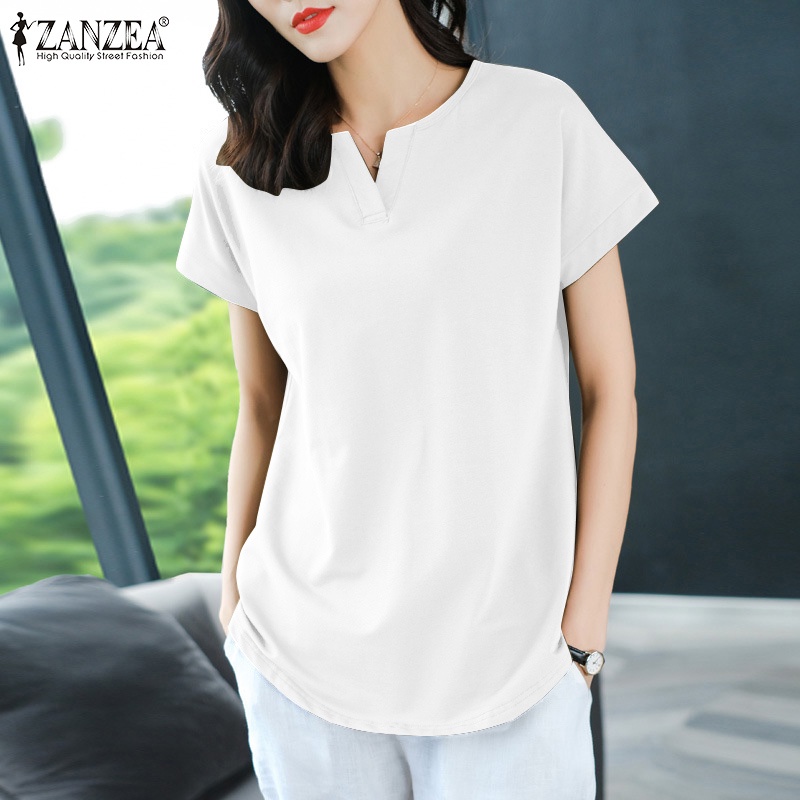 Áo thun Zanzea tay ngắn màu trơn xẻ tà kiểu dáng thời trang cho nữ