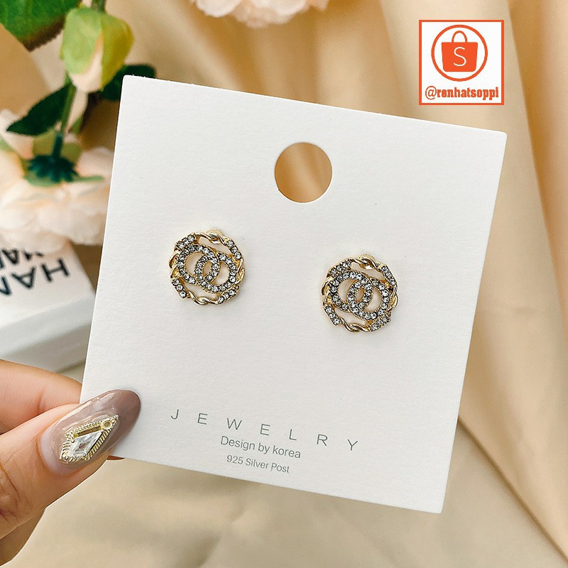 Bông tai nữ/khuyên tai nữ Hàn Quốc, phong cách double C đính đá đẹp