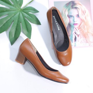 Giày cao gót 5cm da thật gót vuông màu bò 3883