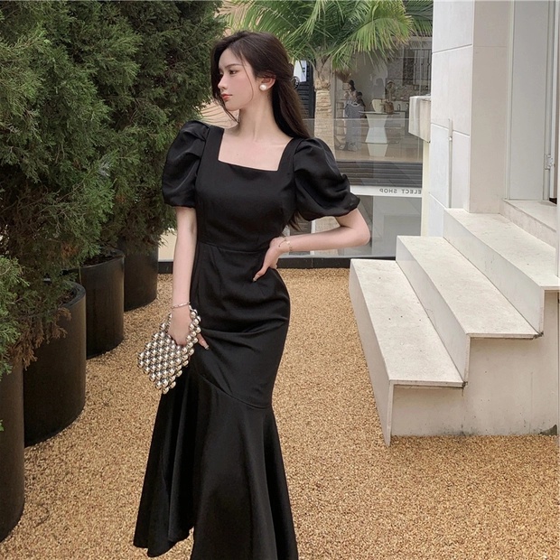 Váy nữ Vic's cổ vuông đuôi cá thiết kế tay phồng dáng dài, Đầm thời trang công sở cao cấp dự tiệc sang trọng V105 | BigBuy360 - bigbuy360.vn