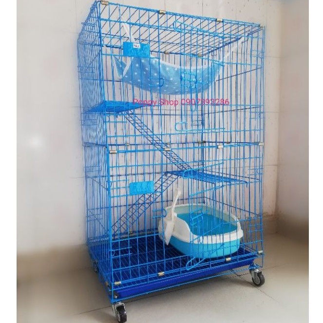 Chuồng/Lồng Sắt Sơn Tĩnh Điện Xếp 3 Tầng Màu Xanh Nước Biển Cao 1 Met Có Bánh Xe, Tặng Võng, Cho Mèo, Chim, Vẹt, Sóc