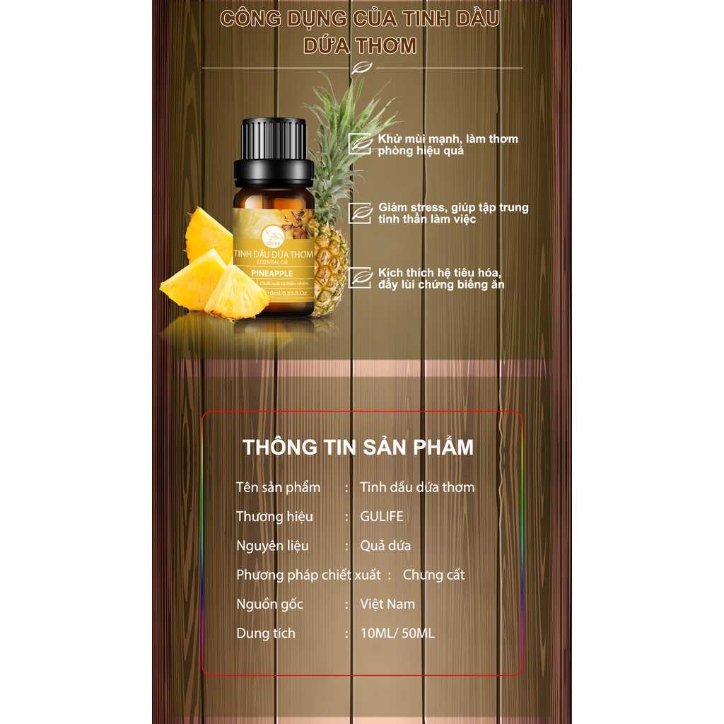 Tinh dầu thiên nhiên Dứa thơm nguyên chất Gulife Essential Oil, xông phòng làm thơm và thư giãn, kiểm định COA 10-50ml