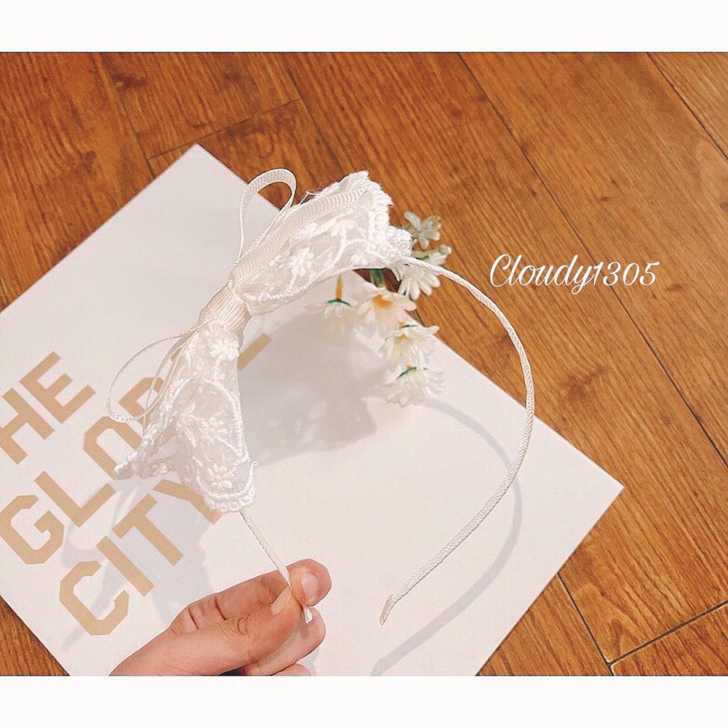 Cài tóc/Bờm tóc nơ, ren lưới họa tiết hoa, nơ thắt ruy băng