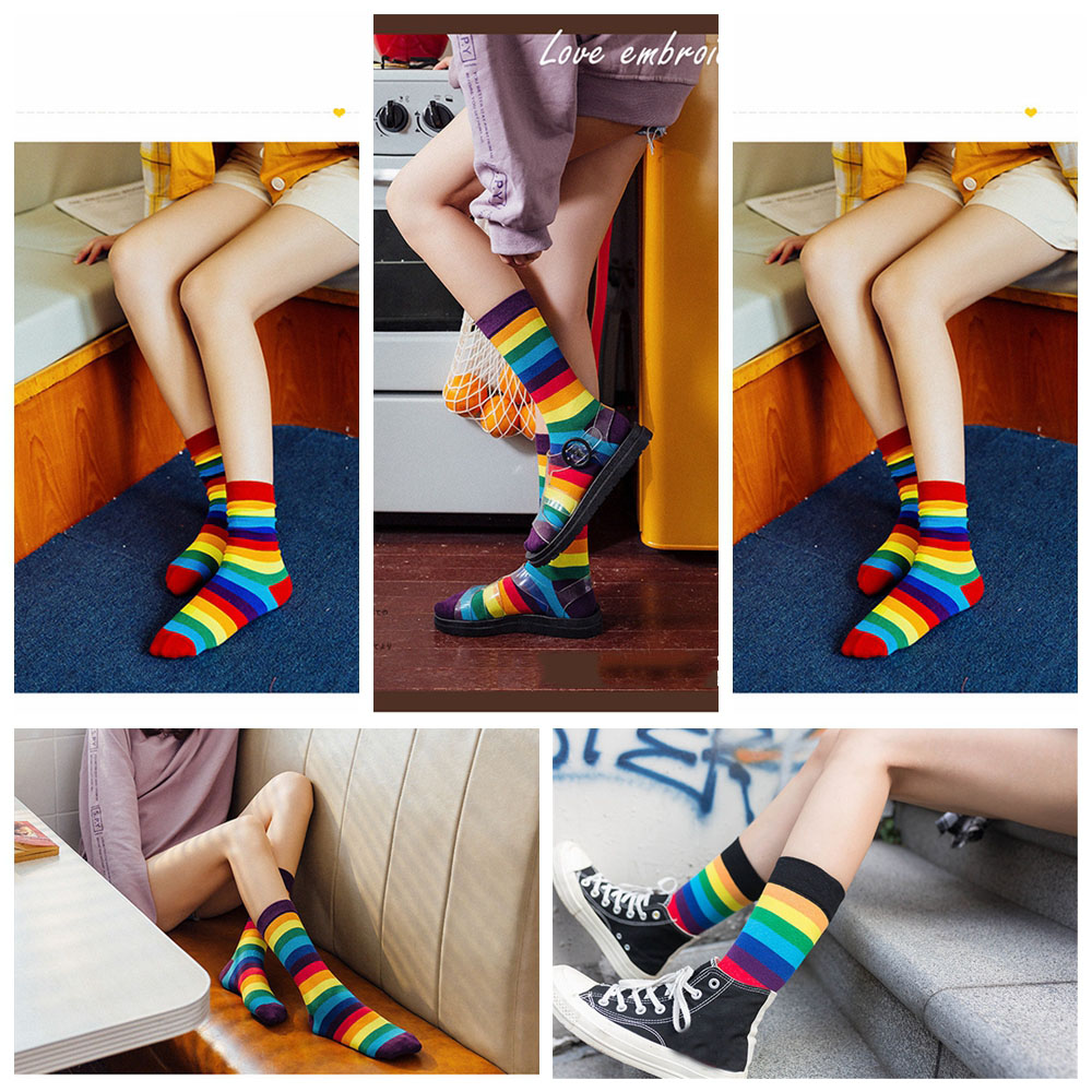 Vớ Cotton Cổ Cao Họa Tiết Sọc Màu Cầu Vồng Thời Trang