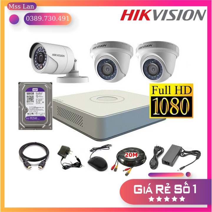 Trọn Bộ 3 Mắt Camera Hikvision 2.0MegaPixel + Tặng Kèm Ổ Cứng 500GB, Dây Thi Công Và Toàn Bộ Phụ Kiện