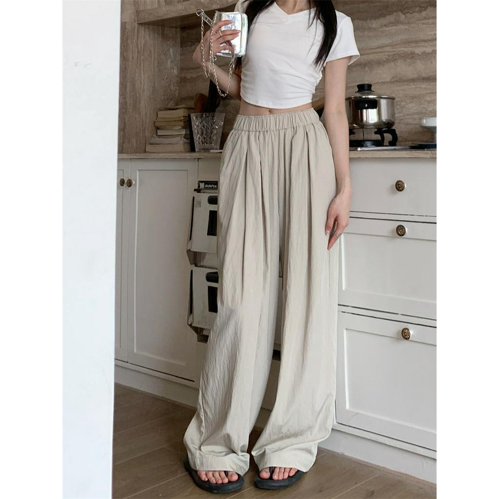 Quần Ống Rộng Lưng Cao Co Giãn Màu Trơn Phong Cách Thời Trang Mùa Hè Mới 63147