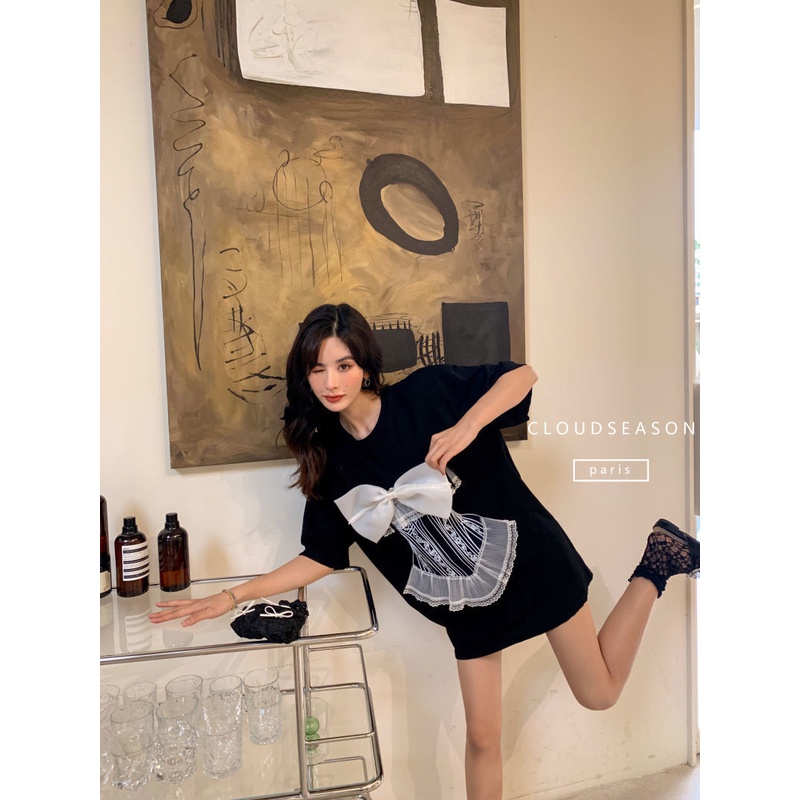 Áo thun màu đen ngắn tay dáng rộng trang trí nơ phối ren thời trang mùa hè cho nữ