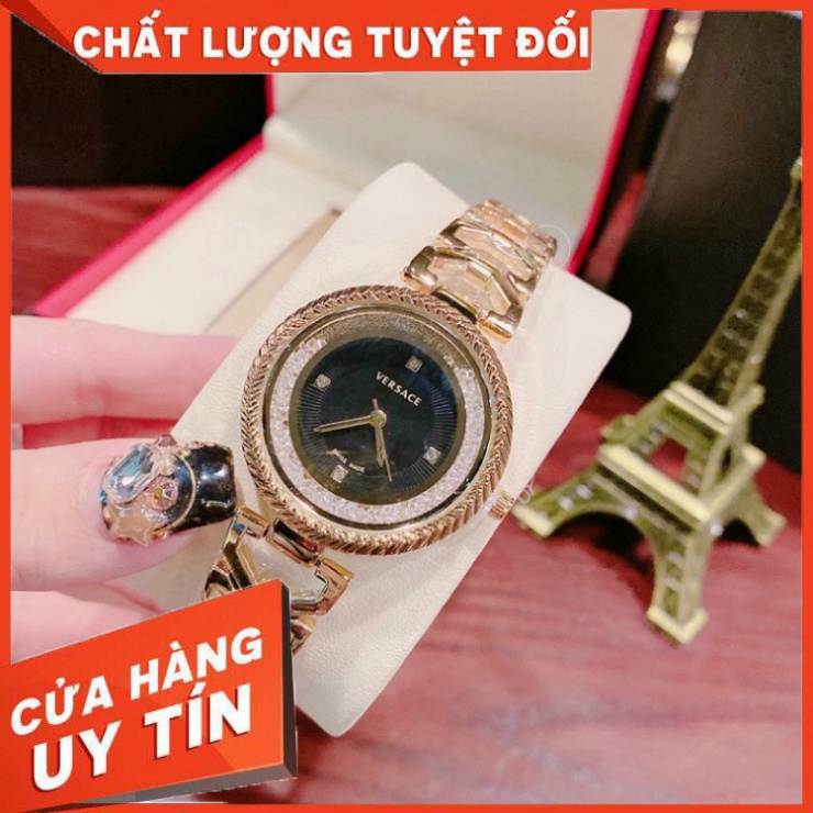 Đồng hồ thời trang nữ đeo tay VERSACE dây thép không gỉ mạ vàng mặt đính đá cao cấp chống nước chống xước - Hàng nhập kh