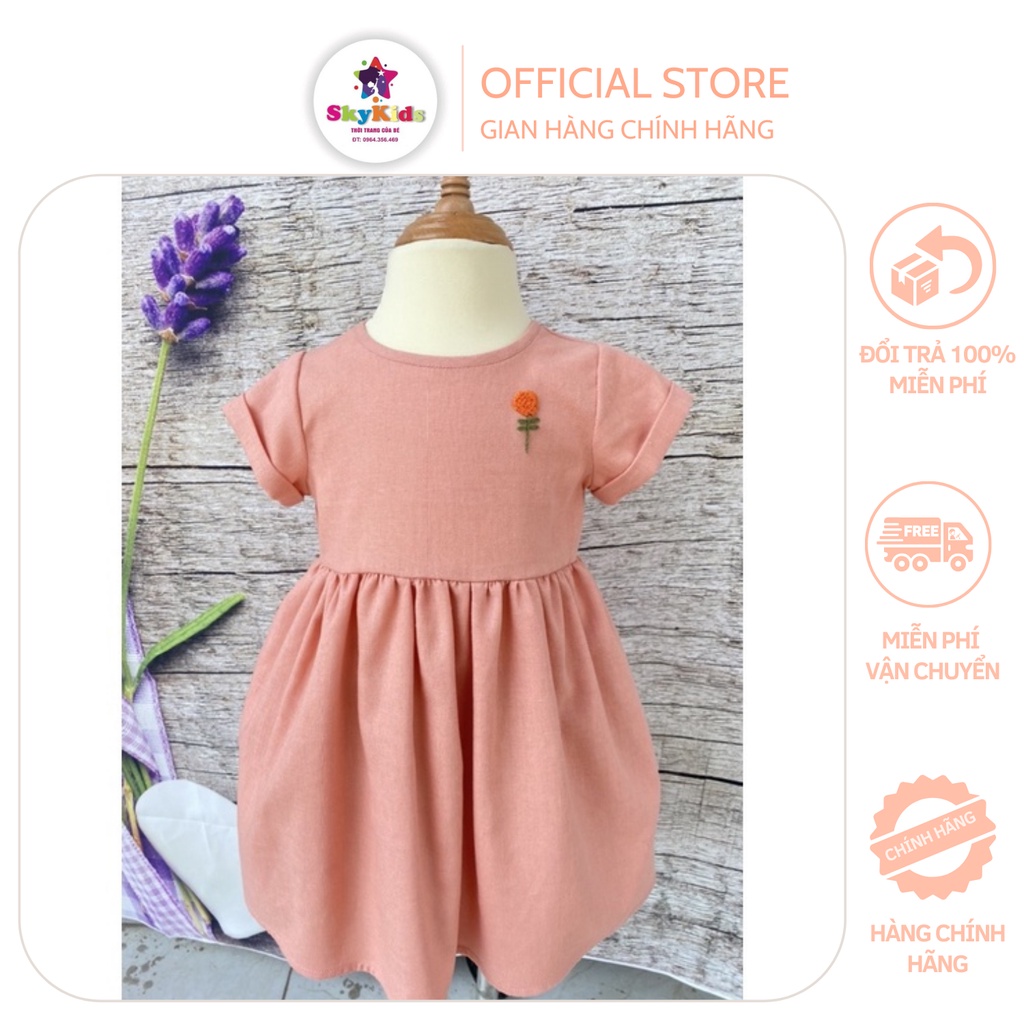 Váy cho bé gái Đầm hoa thêu tay chất liệu Linen siêu thấm hút mồ hôi, co giãn tốt cho bé thoải mái mặc đi chơi