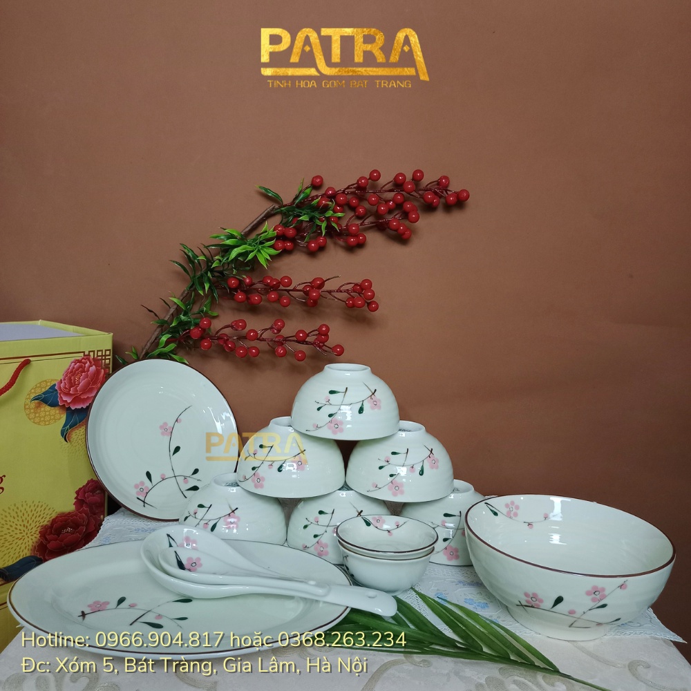 Bộ bát đĩa sứ Bát Tràng, bộ chén dĩa men kem họa tiết hoa đào đỏ 13 chi tiết, có bán các món lẻ